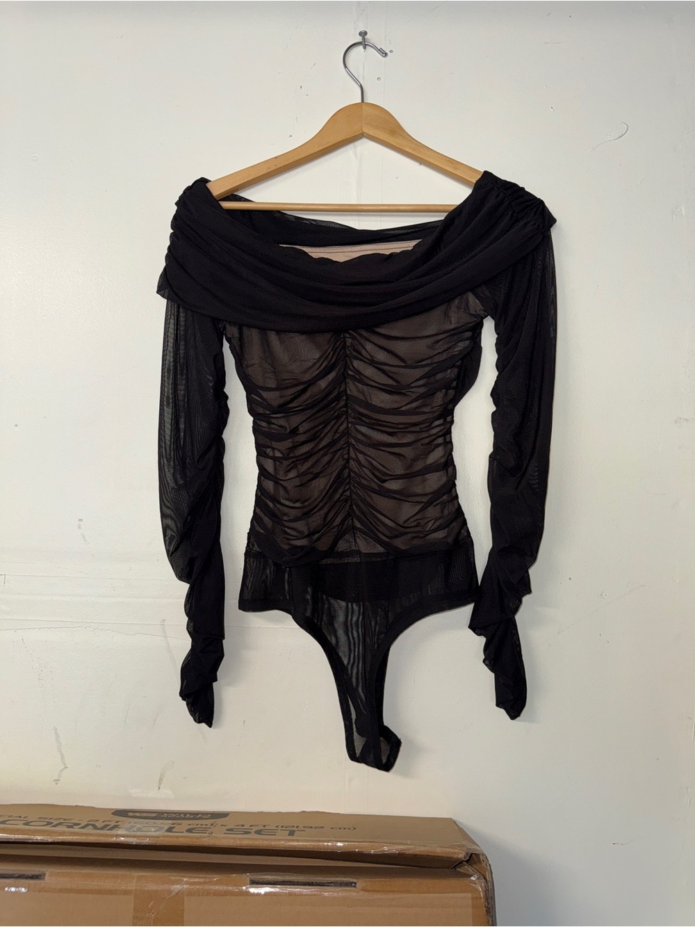 Fashion Nova Black Sheer Ruched Off-Shoulder Bodysuit